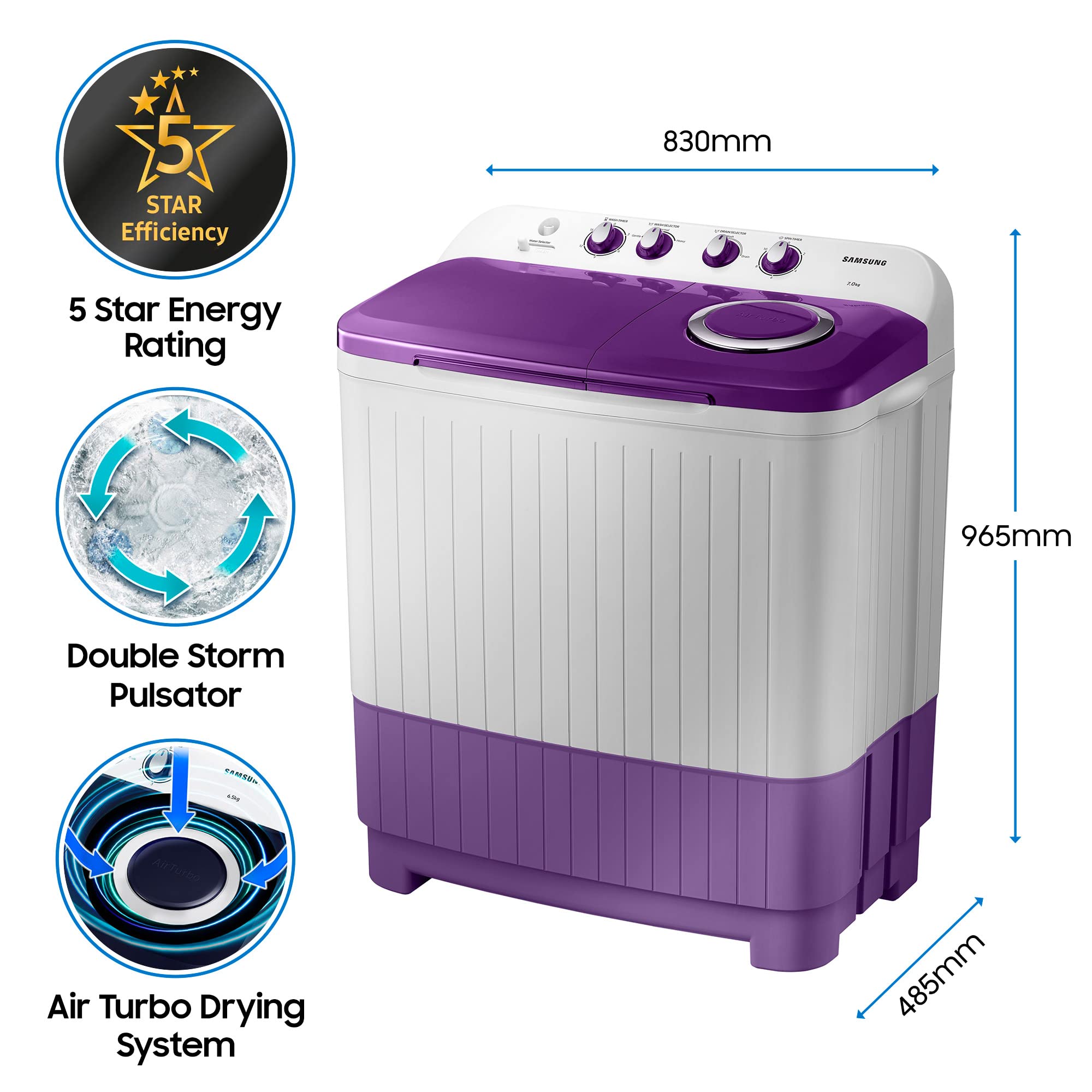 Samsung 7 kg, 5 star, Semi-Automatic Top Load Washing Machine (WT70M3000UU/TL, Air Turbo Drying, LIGHT GRAY)