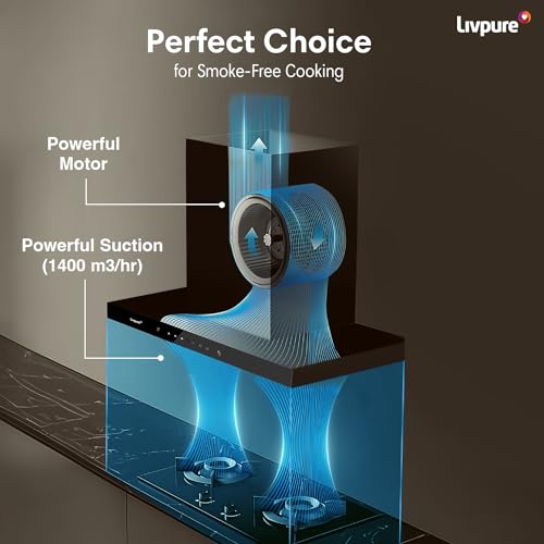 Livpure Fenix 60 1400 m3/hr T-Shape | Filterless Auto Clean Kitchen Chimney with Oil collector |10 Year Warranty On Motor (2 Year Comprehensive) by Livpure, (Touch & Gesture Control, Black)
