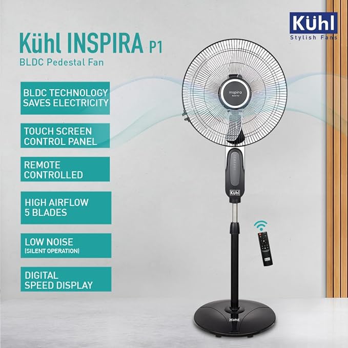 KUHL Inspira P1 BLDC Pedestal Fan | 5 Blades | 6 Speed | Remote Control | Touch Panel & Display | Height & Angle Adjustment | High Air Flow & Low Noise | 400mm | 28W | Black