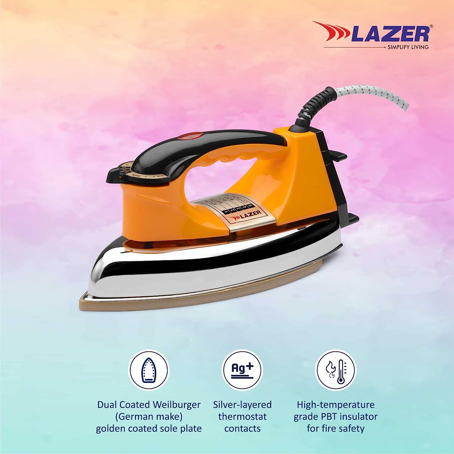 Lazer Fortuner 1000W ISI Certified Heavy Weight Dry Iron With Overheating Safety (Orange)