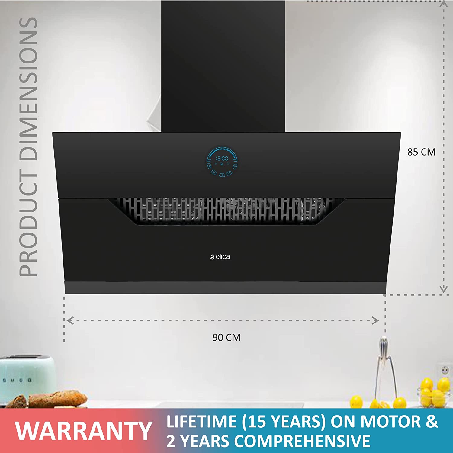 Elica 90 cm 1350 m3/hr Filterless Auto Clean Angular Chimney with 15 Years Warranty (EFL 107 HAC LTW VMS 90, Touch + Palm Sensor Control, Black)