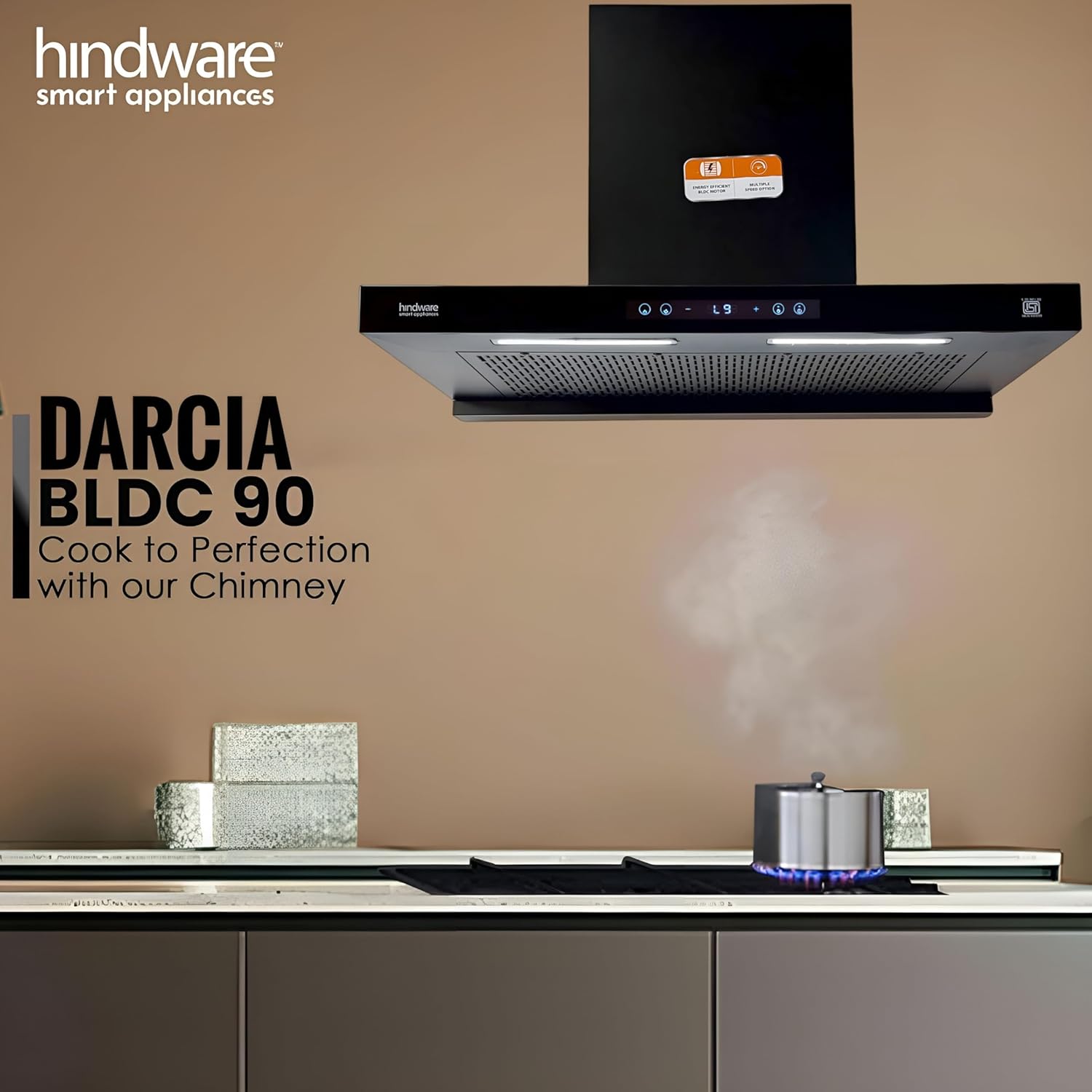 Hindware Smart Appliances DARCIA BLDC 90 | NEW LAUNCH | 1500 m³/hr | Filterless Auto-Clean Kitchen Chimney With 9- Speed Motion Sensor & Touch Control | 2025 Model 90cm (Black)