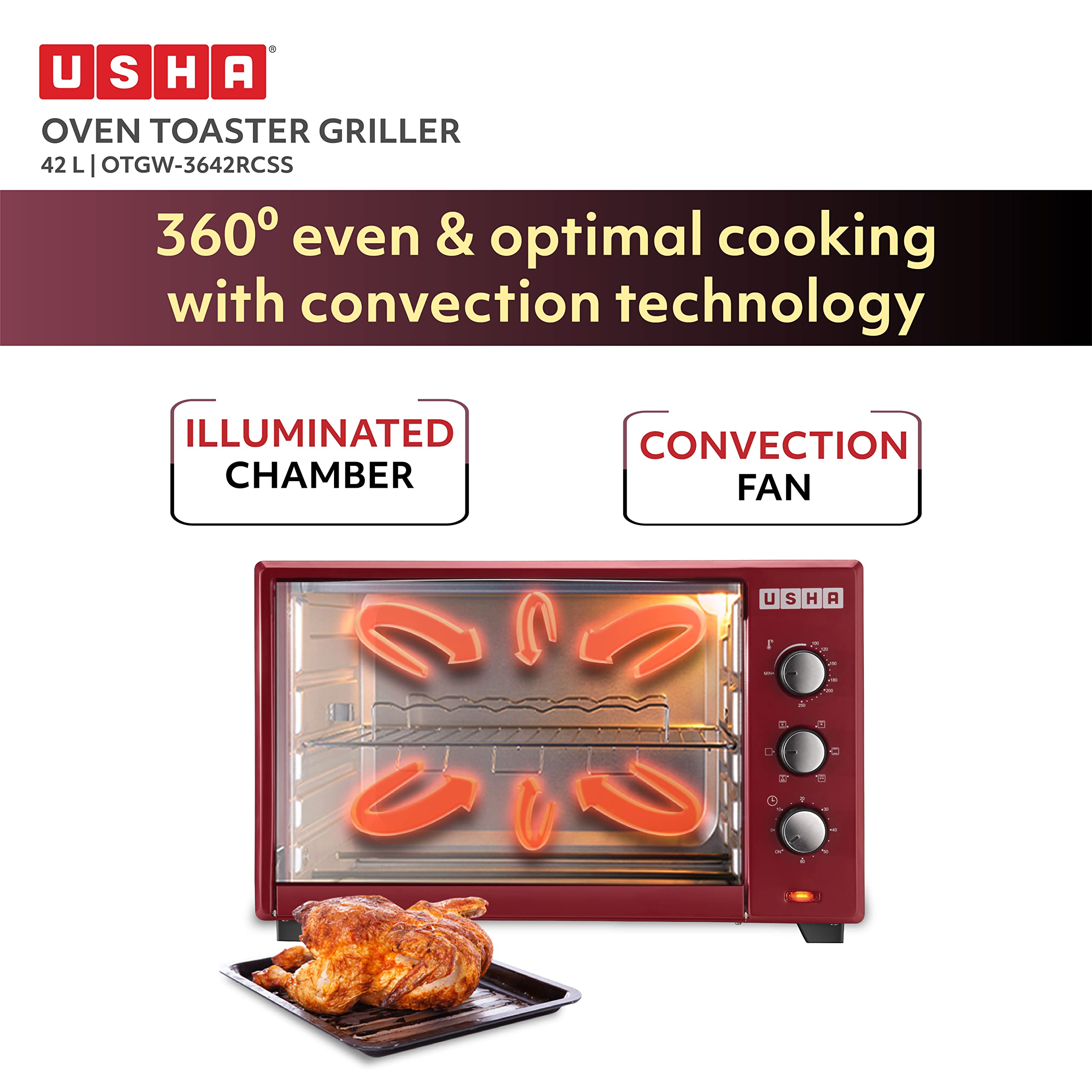 USHA 3642Rcss 42 Liters Oven Toaster Grill With Rotisserie And Convection, 2000 Watts, 6 Mode Heating Function (Stainless Steel & Wine)