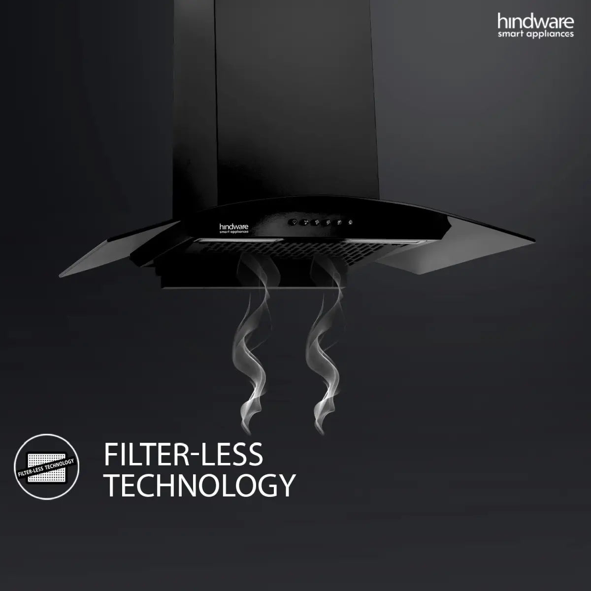 Hindware Cambria 60cm 1100 m³/hr Stylish Filterless Auto-Clean Kitchen Chimney With Metallic Oil Collector, Glazed Finish (Curved Glass, Black)