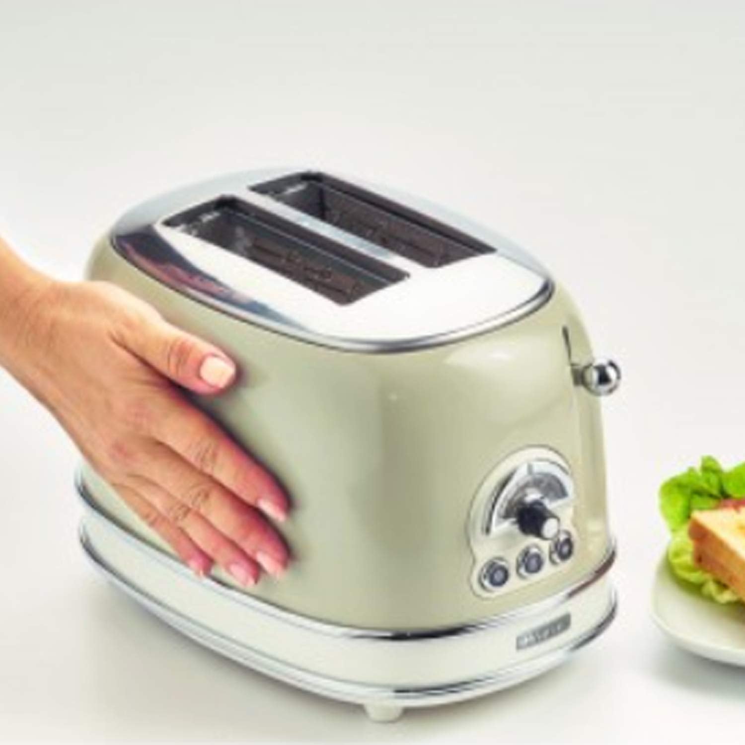 Ariete 155 Design Toaster 2 Slices With Tongs, 6 Toasting Levels, 810 W, Stainless Steel Body, Removable Crumb Tray, Pastel Beige