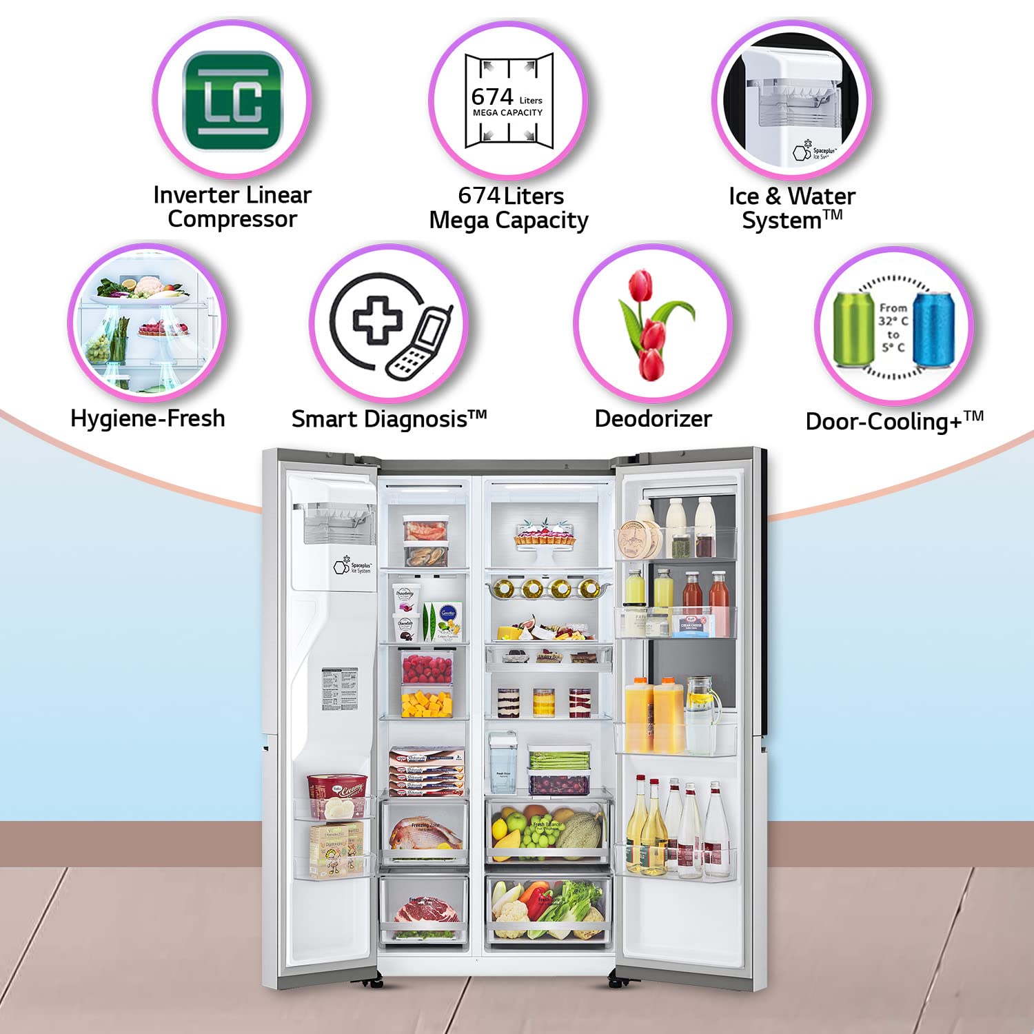 LG 674 L Frost-Free Inverter Linear Compressor Wi-Fi Side-By-Side Refrigerator (GC-X257CSES, Noble Steel, Door Cooling+, Hygiene Fresh+, Water and Ice Dispenser with UV Nano, 2022 Model)