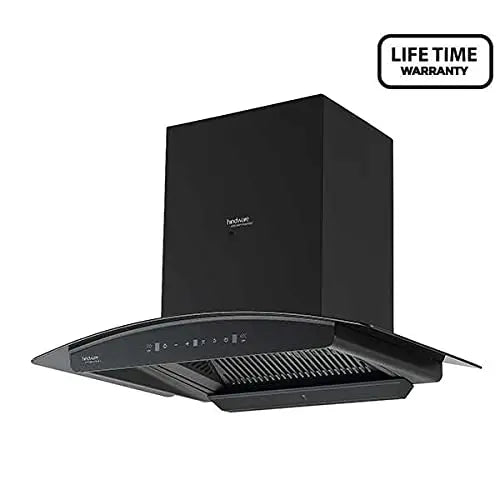 Hindware Zinnia 75BKTC black chimney angled view with lifetime warranty badge
