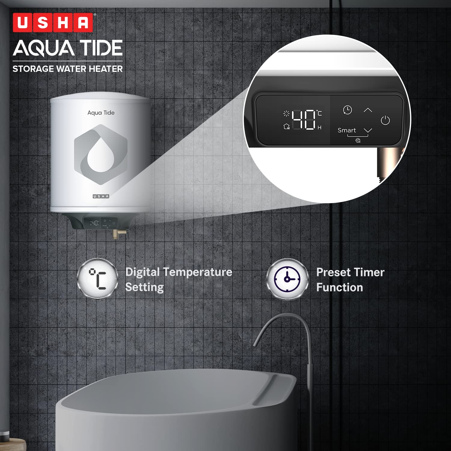 Usha Aqua Tide 25 Litre 5 Star Digital Storage Water Heater (White), Wall Mounting