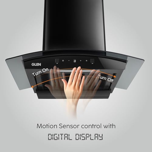 6058 Digital Display Curved Glass Filterless Auto Clean Wall Mounted Chimney 60CM (Black 1200 CMH)