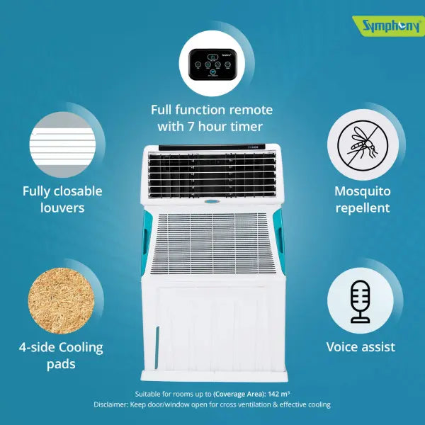 Symphony Touch 110 Room Air Cooler 110-litres, with Remote (White)