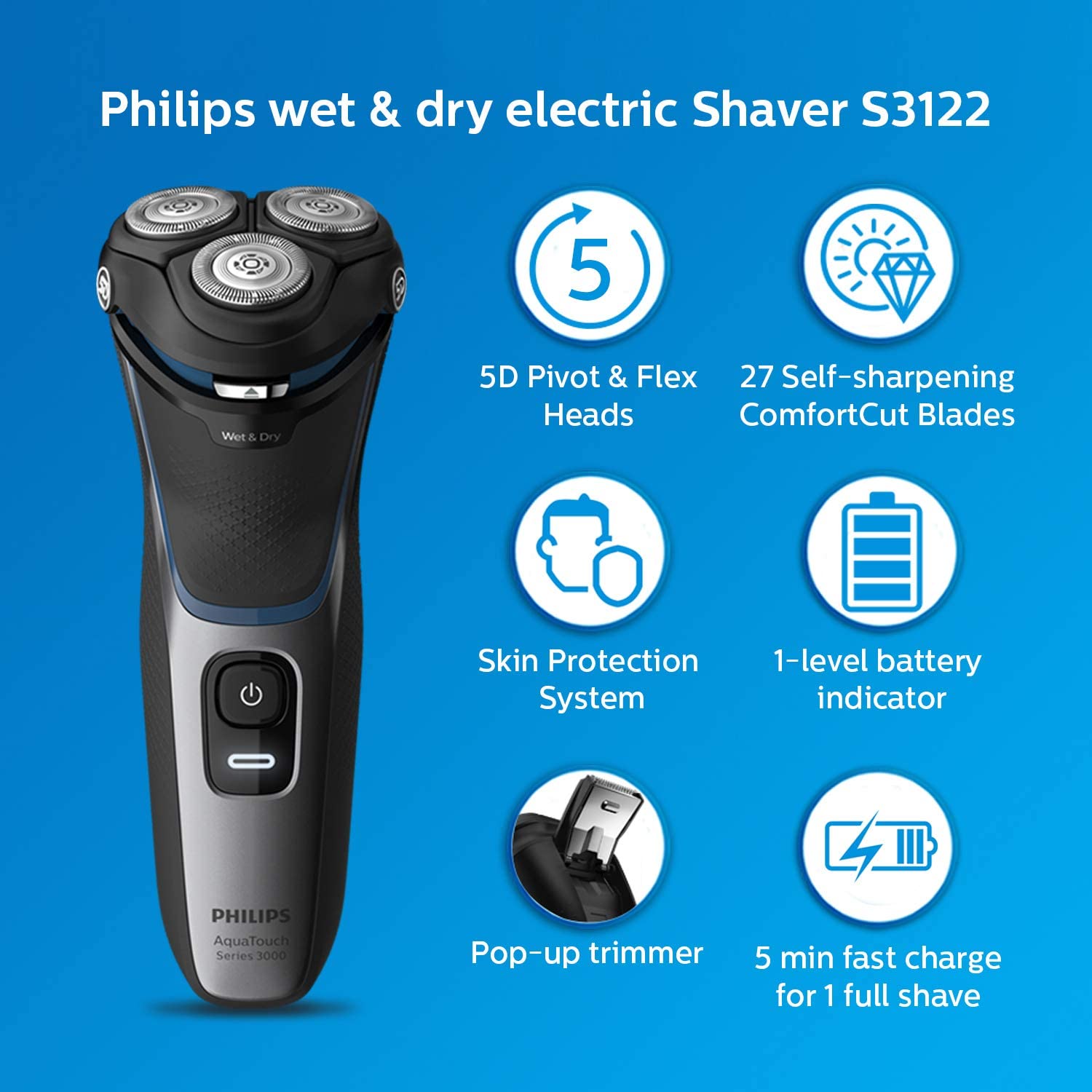 Philips Cordless Electric Shaver S3122/55, 5D Pivot & Flex Heads, 27 Comfort Cut Blades, Fast Charge, Up to 55 Min of Shaving