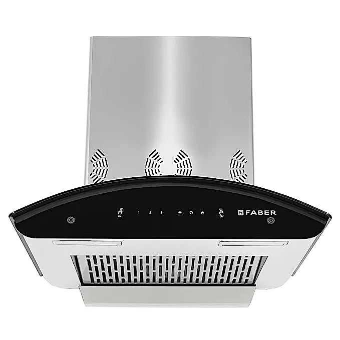 Faber Hood Everest Smart 60 cm chimney front view showing touch panel, stainless steel flue and baffle area
