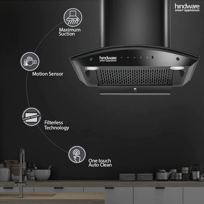 Hindware Divina 60 C BLK Auto-Clean Chimney 1200 m³/hr, Motion Sensor & Touch Ctrl
