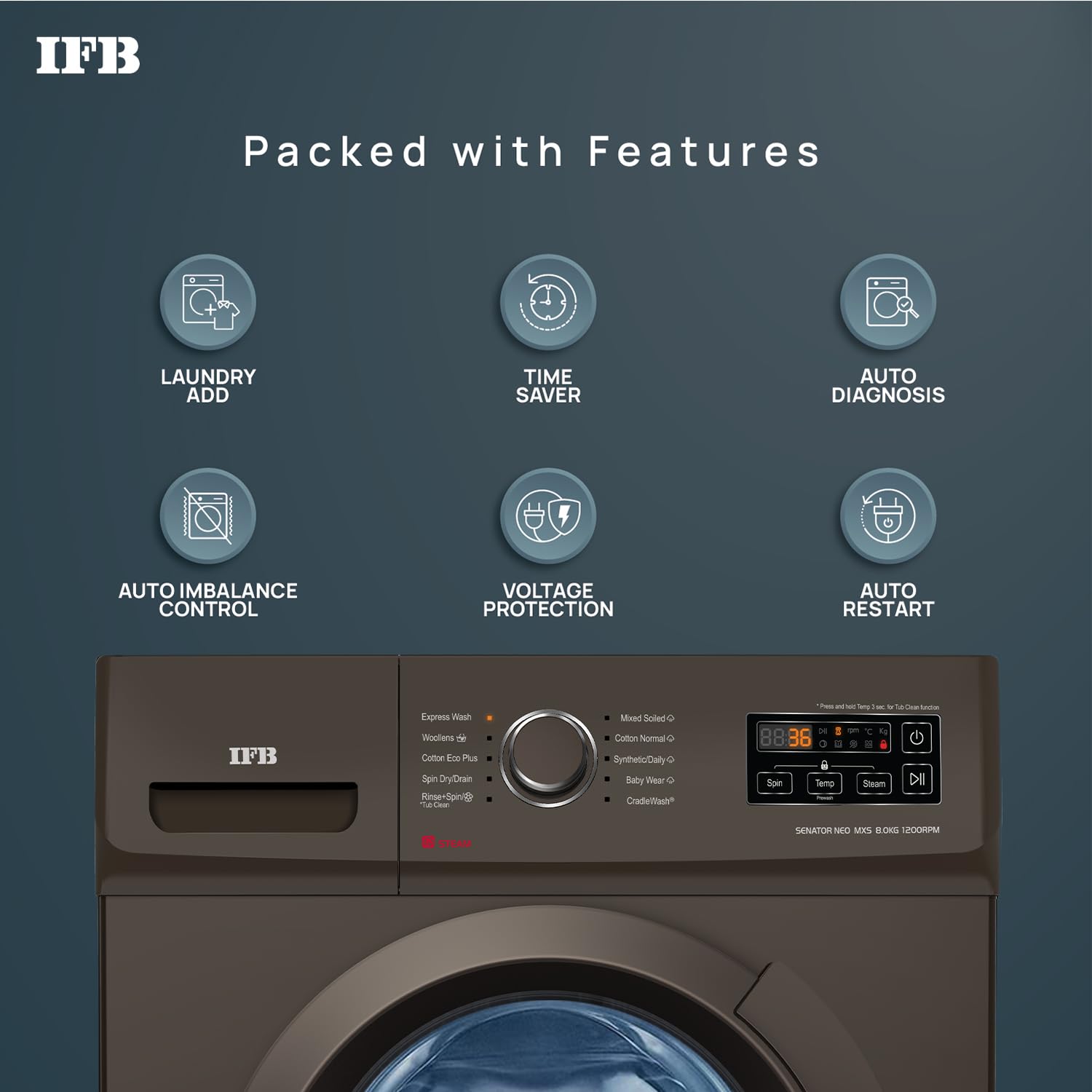IFB 8 Kg 5 Star AI Powered Fully Automatic Front Load Washing Machine, 2X Power Steam (SENATOR NEO MXS 8012, 2023 Model, Mocha, In-built Heater, 4 years Comprehensive Warranty)