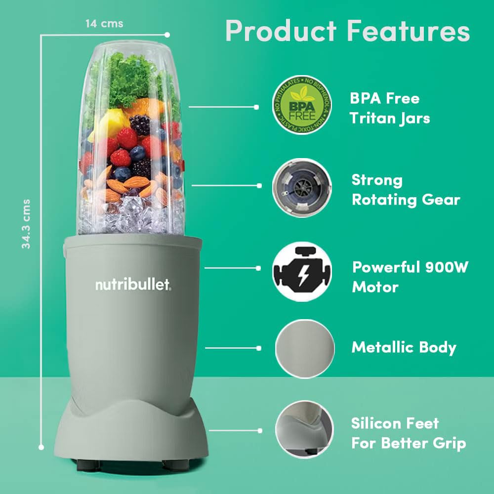 Nutribullet PRO 900W Jade, 12-Piece Food Processor Set with Best Blender, 3 Unbreakable Jars, and 2 Blade Sets - Wet & Dry