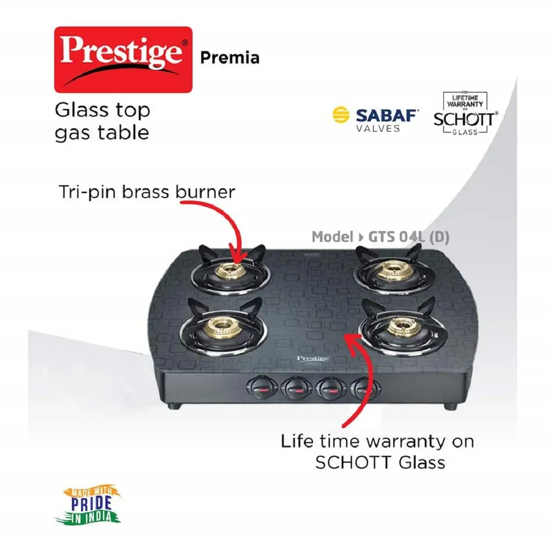 Prestige Premia GTS 04 (D) Glass Top Gas Stoves 40271