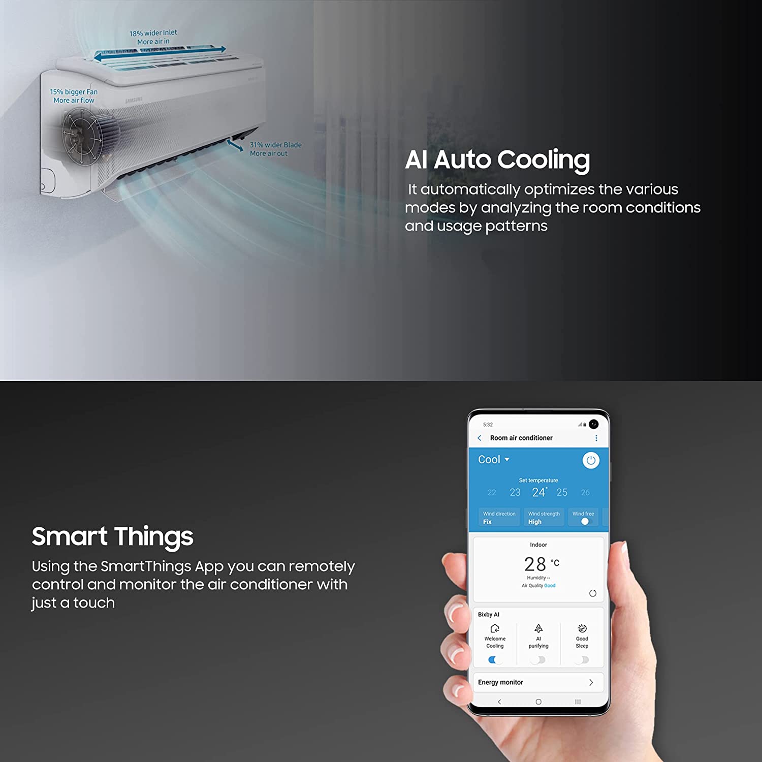 Samsung 1.5 Ton 5 Star Wi-fi Enabled Inverter Split AC Copper AR18CYNANWK White)