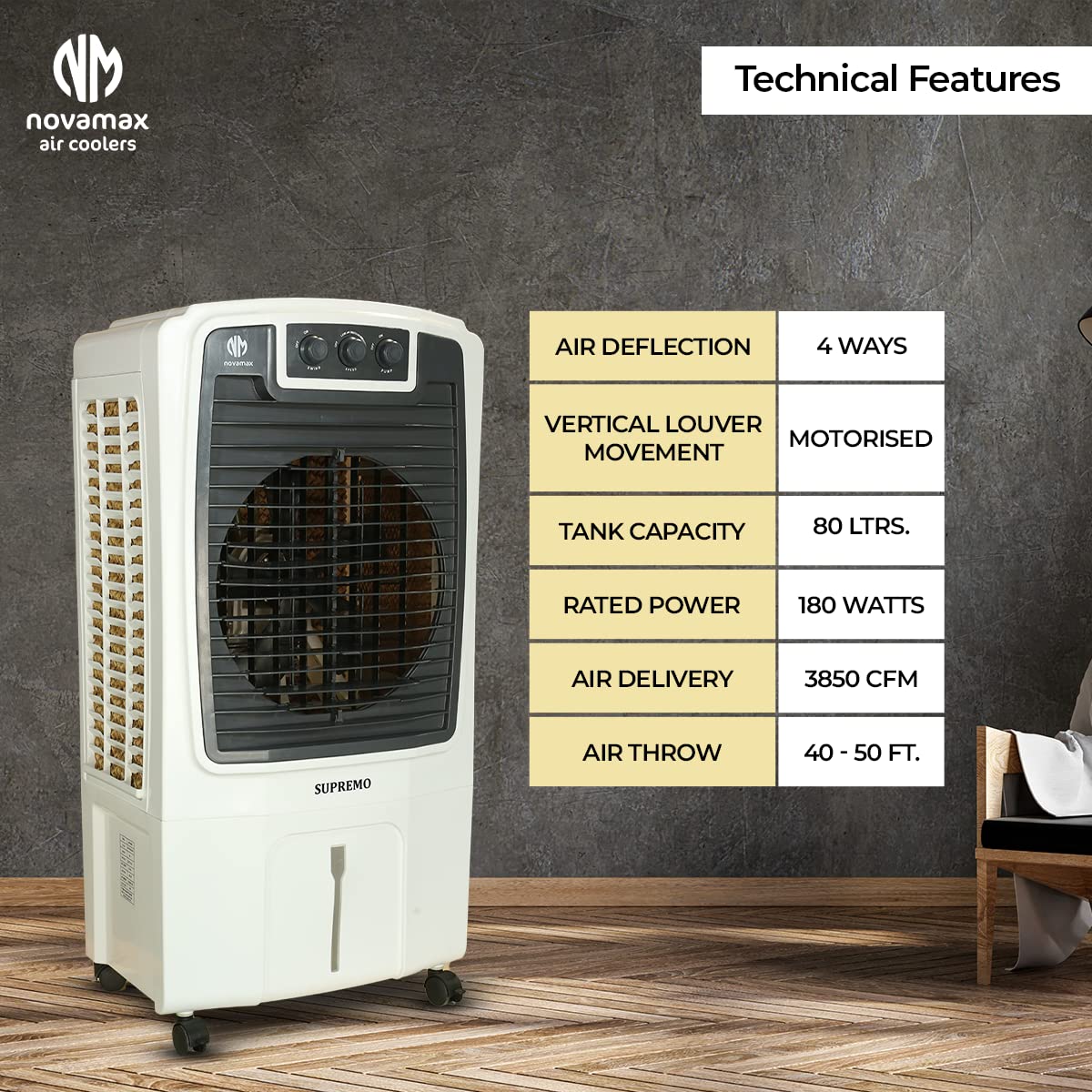 Novamax Supremo 80 L Heavy Duty Desert Air Cooler For Home/Office With Honeycomb Cooling & Auto Swing Technology, Powerful Air Throw & 3-Speed..