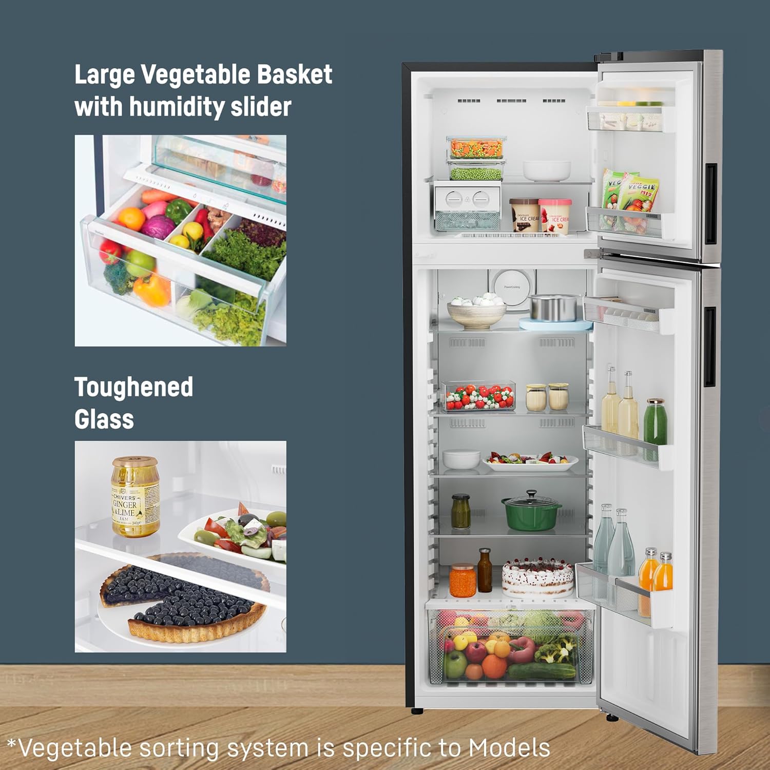 Liebherr 316L 2 Star Inverter, Hot to Cool, Frost Free Double Door Fridge, 20 Yr Warranty, 67L Freezer, Veg Organiser, Grey Steel