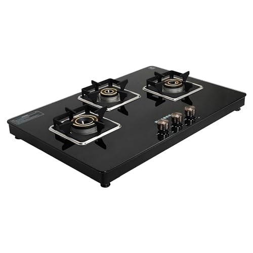 Faber 3 Burner Auto-Ignition Cooktop|NiOS AUTO 3BB BK|Battery Operated|Metal Knobs|Brass Burners|Cast Iron Pan Support|Black Glass Finish|7 Yrs Warranty Glass;5 Yrs Burner & Valve;2 Yrs Compr