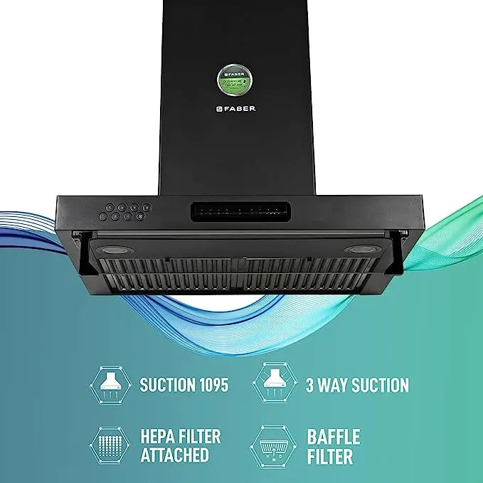 Faber 3 way suction chimney with Air purifier & Fan 90 cm,1095 m³/hr (HOOD 3N1 AEROST SPARK PRO 3D BK FT Baffle Filter Black)