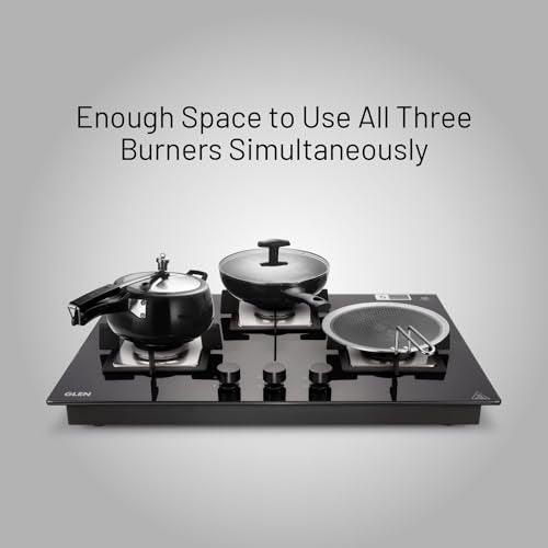 Glen 3 Burner Built In Glass Hob | Auto Ignition | 8 MM Toughened Glass | Black |Italian Burner with Double Ring Flame| |Warranty 2 Years Standard & 5 Years Glass |1073 SQ HT IN 70