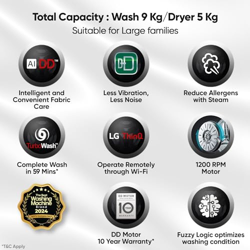LG 9 Kg (Wash) / 5 Kg (Dry), Ai Direct Drive Technology, Steam, TurboWash & Wi-Fi Fully Automatic Front Load Washer Dryer (FHD0905SWM, Intelligent & Convenient Fabric Care, Allergy Care, Midd