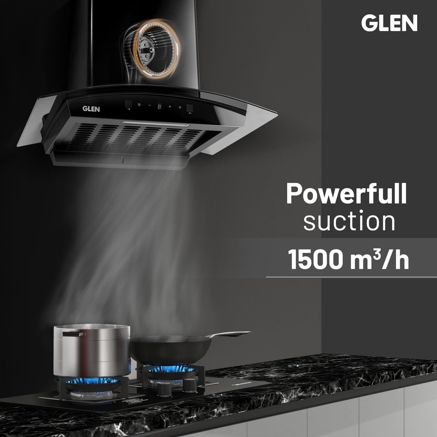 GLEN 60 cm 1500m3/hr Auto-Clean Filterless Curved Glass Kitchen Chimney With Motion Sensor+Touch Controls (Senza Turbo Black)