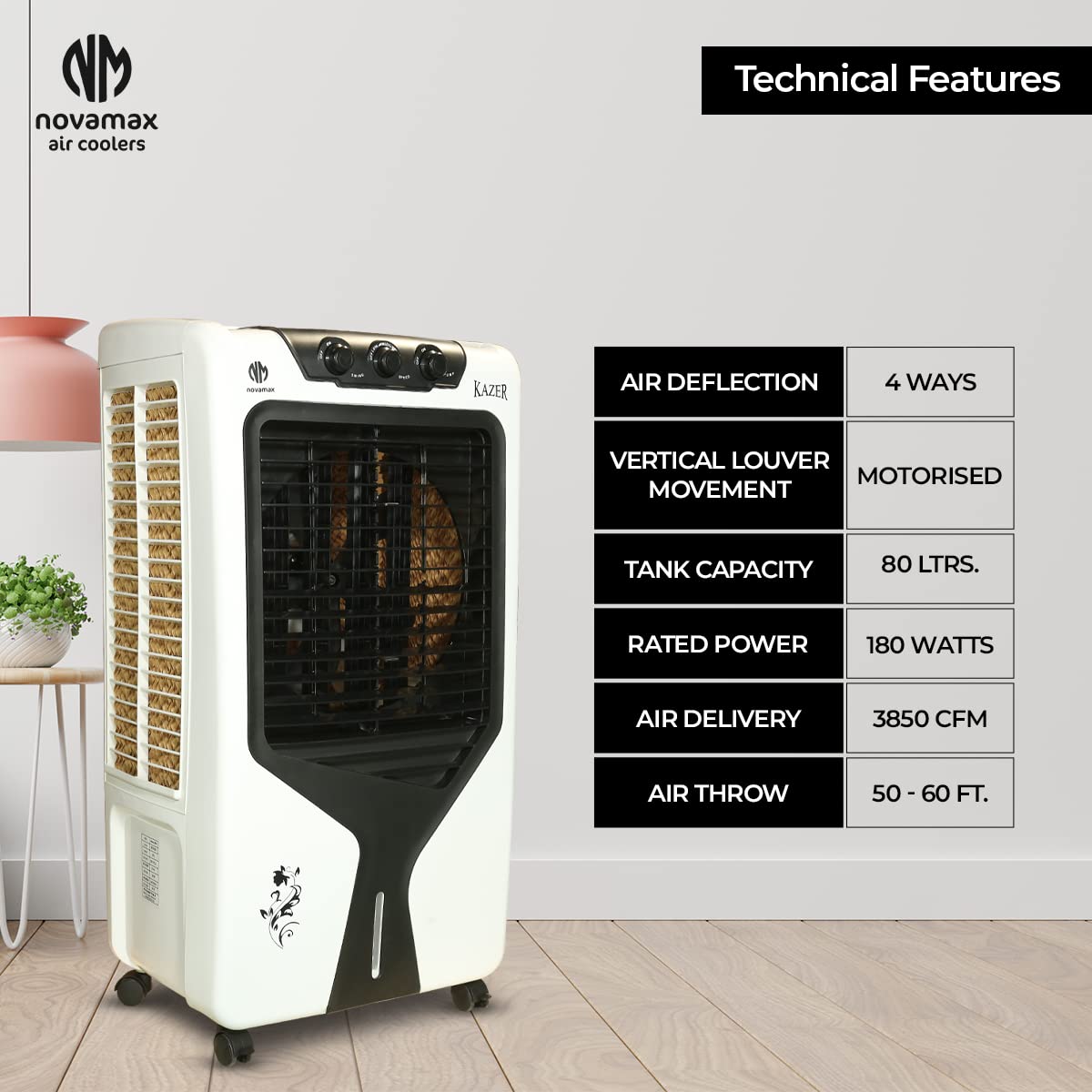 Novamax Kazer 80 L Desert Air Cooler With High Density Honeycomb Cooling Pads, 4-Way Air Deflection, Powerful Air Throw & Ice Chamber (White,Black)