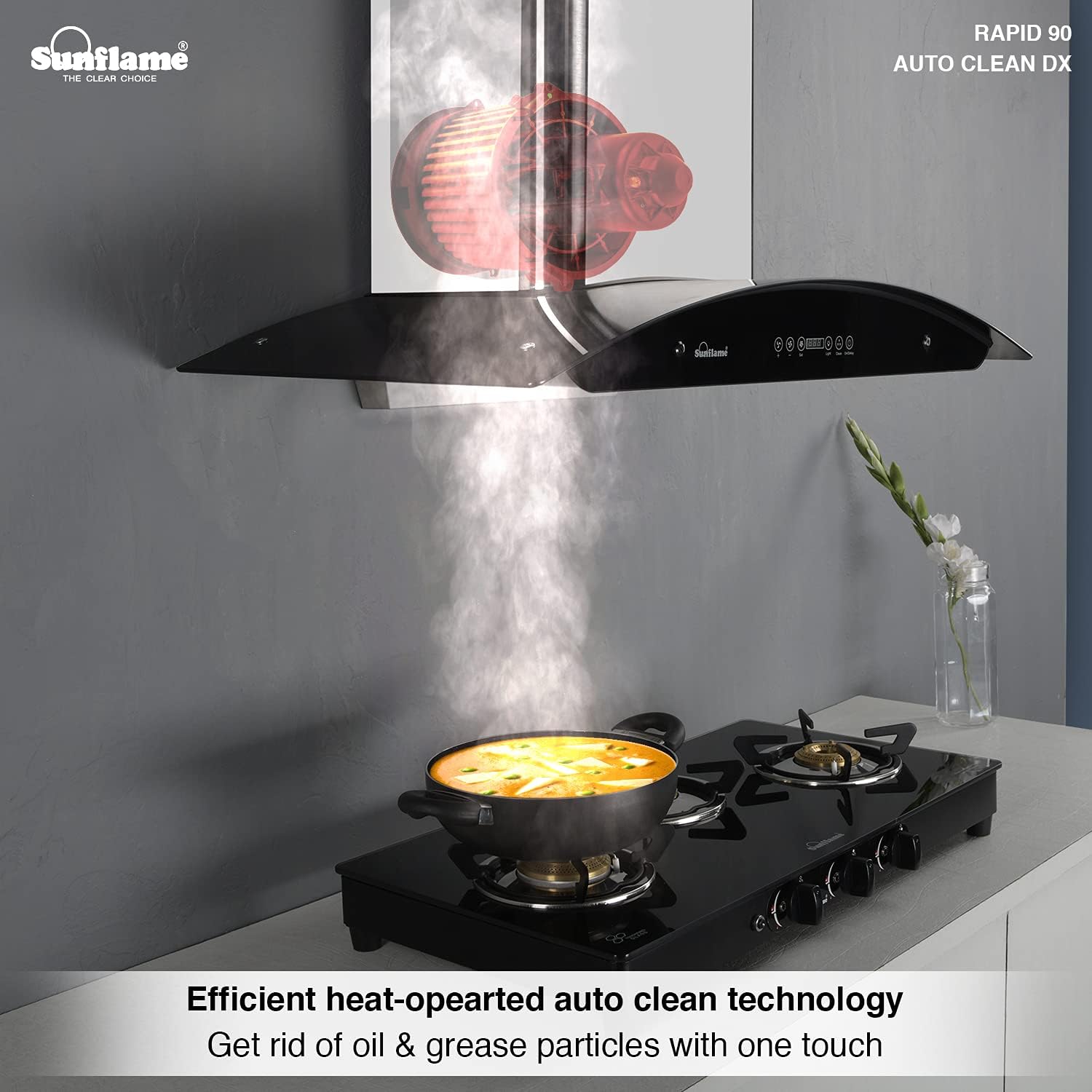 SUNFLAME 90cm 1100 m3/hr Auto Clean Chimney (CH Rapid 90 DX, 2 Baffle, Touch Control, Steel/Grey)