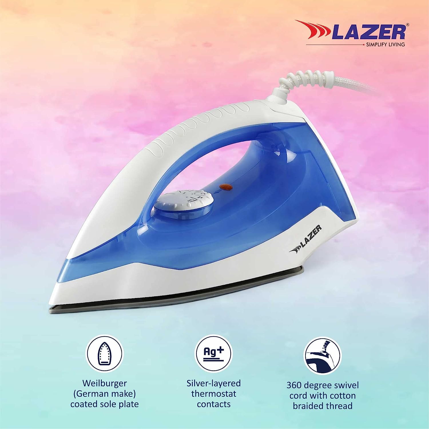 Lazer Ultimate ISI Certified 1100W Dry Iron With Overheating Safety (Blue)
