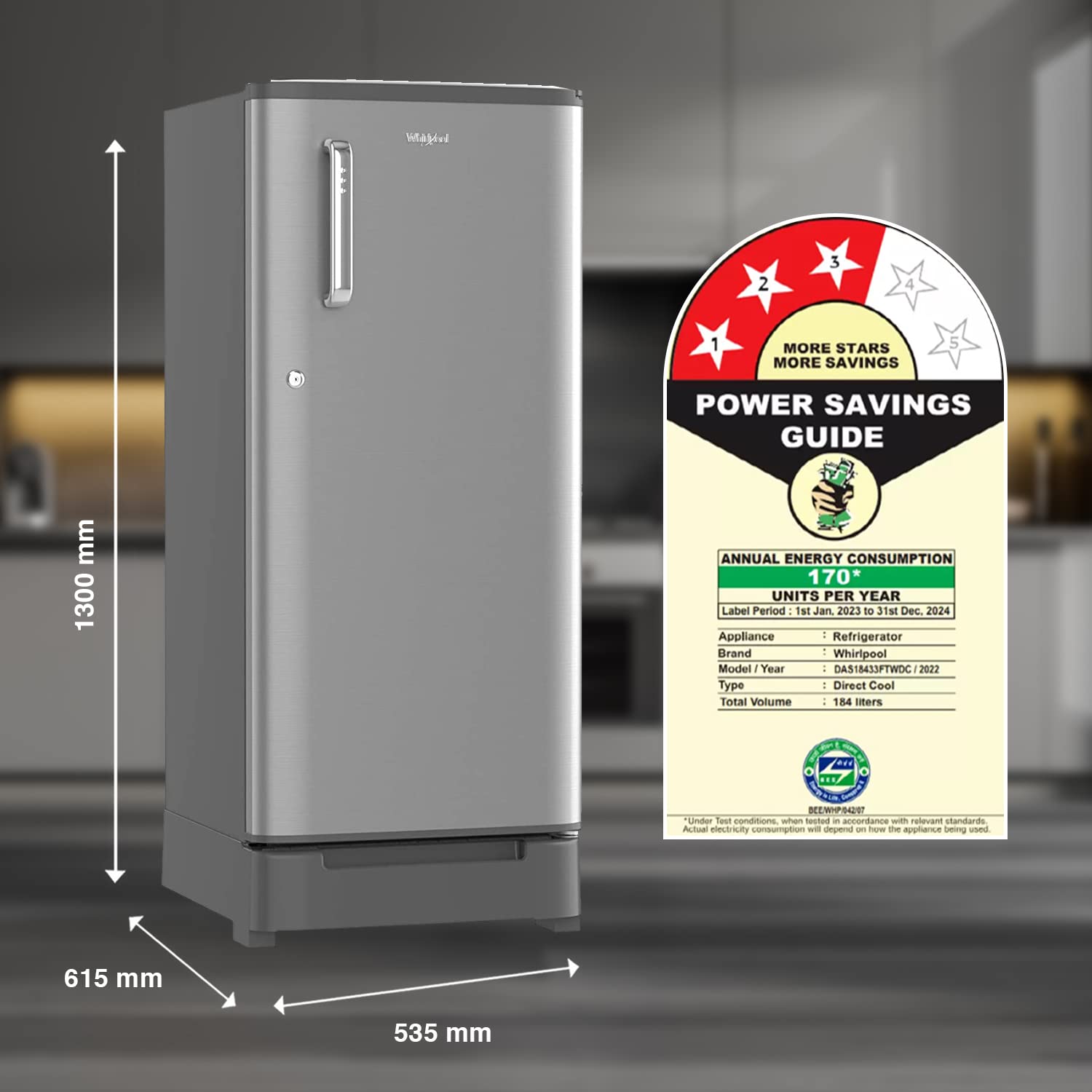 Whirlpool 184 L 3 Star Direct-Cool Single Door Refrigerator (205 WDE ROY 3S MAGNUM STEEL-Z, Magnum Steel,Grey, Base Stand with Drawer, 2023 Model)