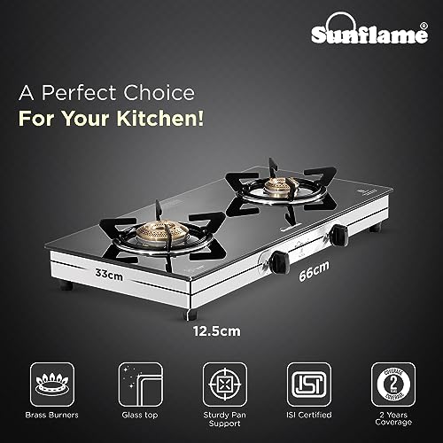 Sunflame Crystal Nova 2 Burner Gas Stove | Dual Drip Trays | 1 Jumbo and 1 Small Brass Burners | 2 Year Product Coverage by Sunflame | Manual Ignition | Toughened Glass Top | PAN India Presen