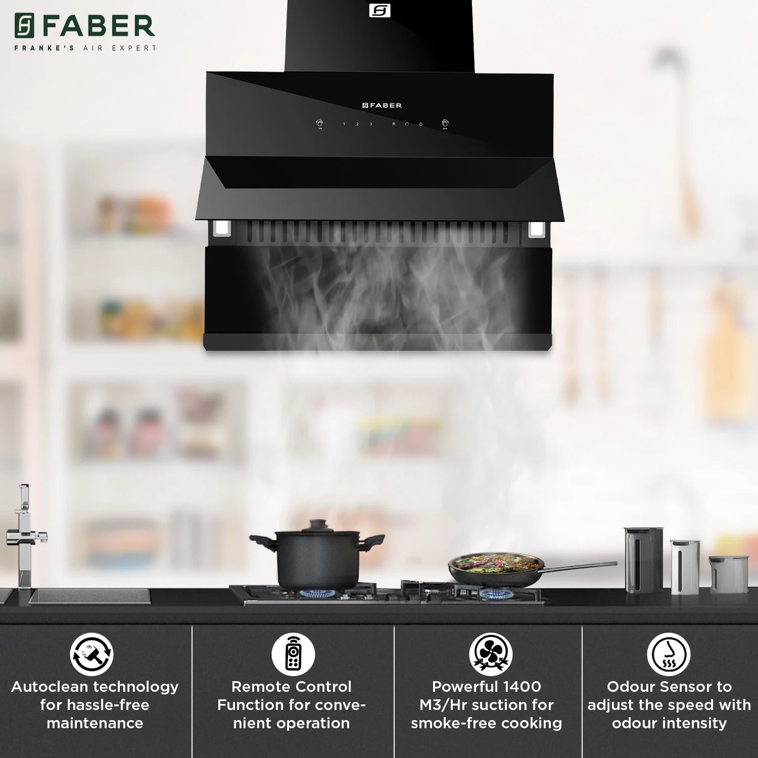 Faber Zenith FL HC SC BK 60cm 1400m3/hr Ducted Auto Clean Wall Mounted Chimney with Odor Sensor