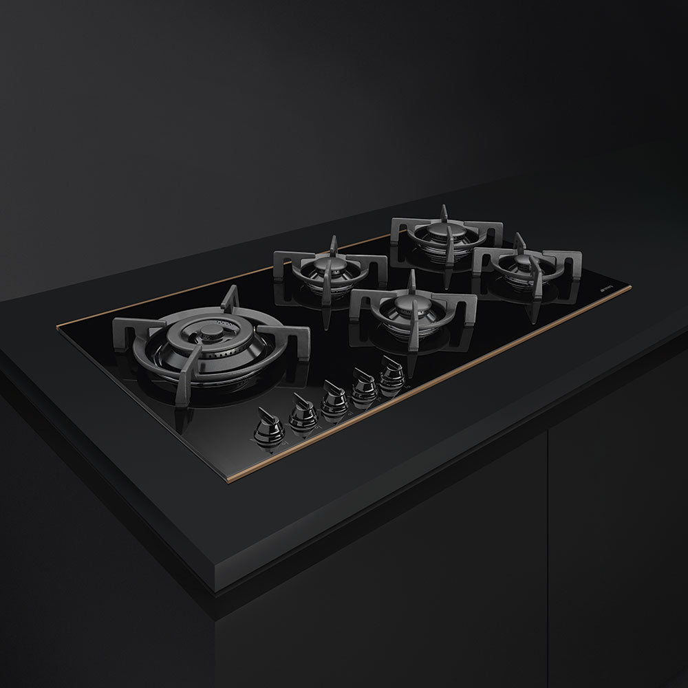 Smeg p695lcnr 90cm size90 cm gas-on-glass hob delivering fast, responsive heating and a refined glass surface