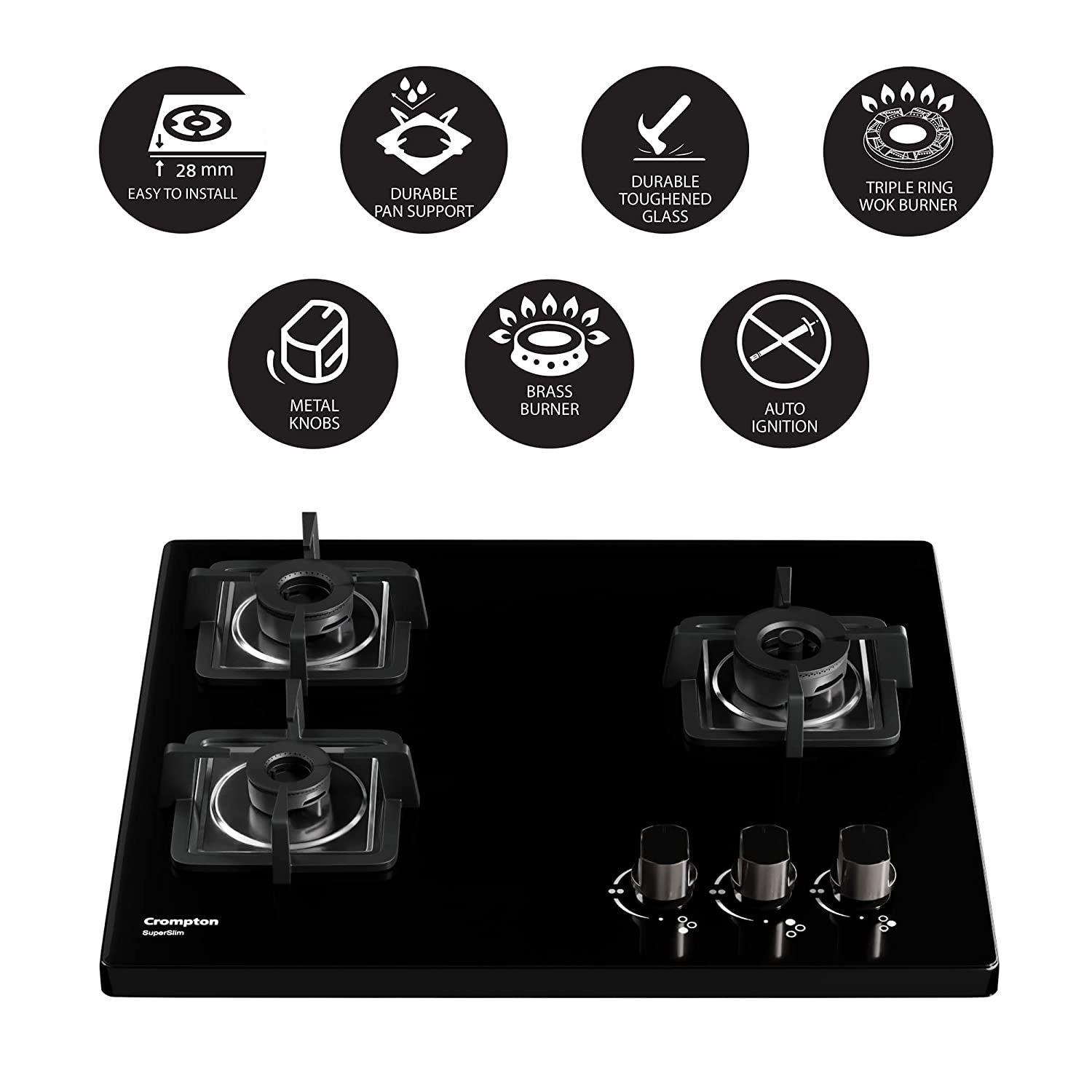 Crompton TAB-SUHB603-MBL Super Slim Gas Hob 60cm 3burner AI