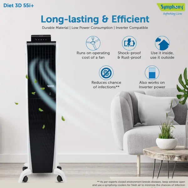 Symphony Diet 3D 55i+ Air Cooler For Home with 3-Side Honeycomb Pads, Magnetic Remote