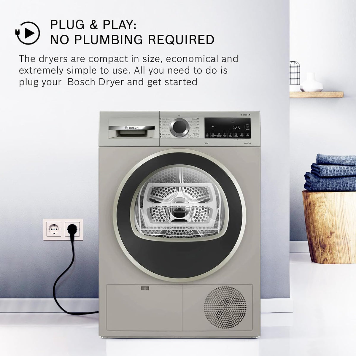 Bosch WQG24108IN condenser dryer plugged into a wall socket, showing no plumbing required