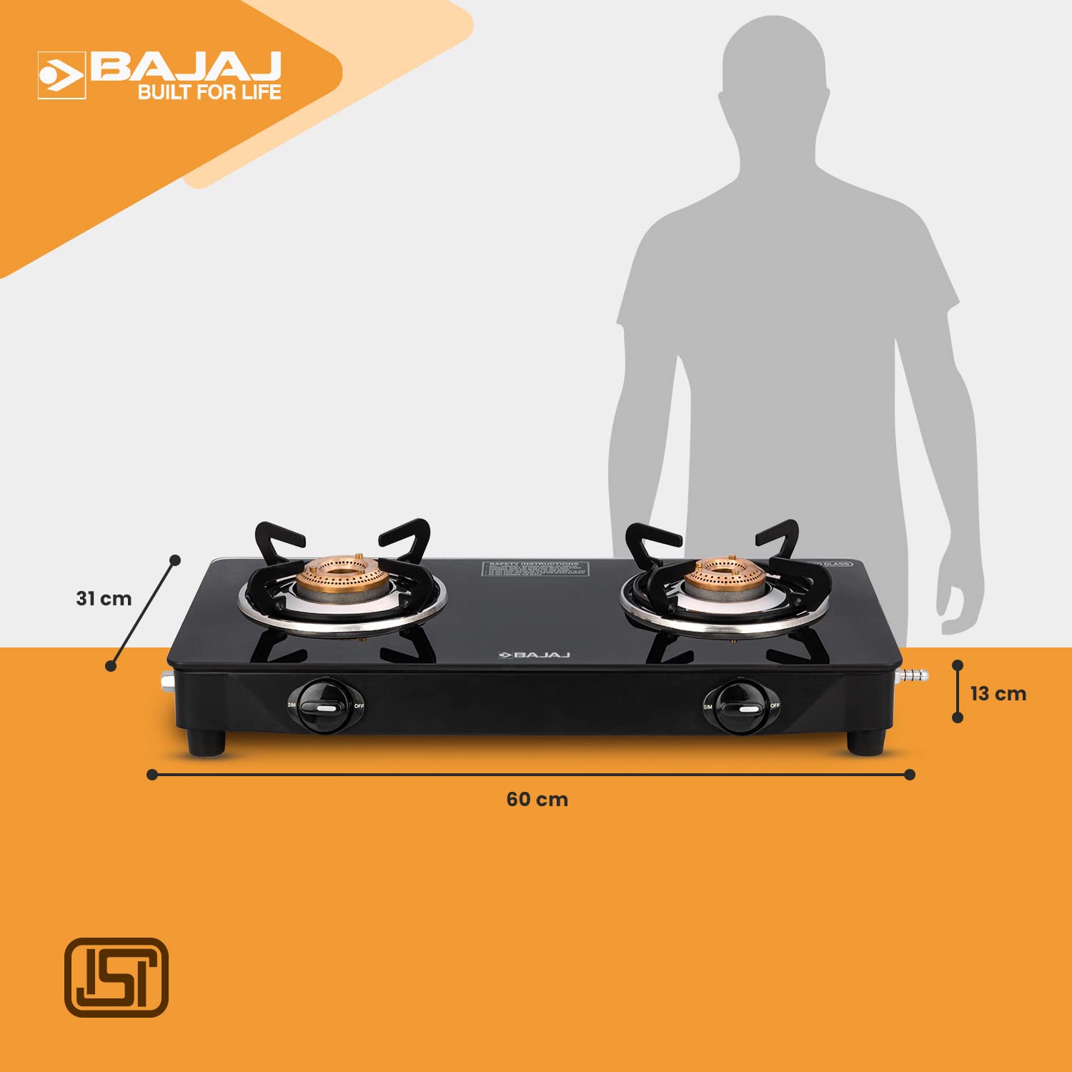 Bajaj UCX 2B Powder Coated Glasstop Gas Stove, 2 Burners, Black
