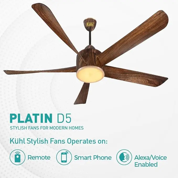 KUHL Platin D5, Teakwood, Stylish BLDC Fan|5 Star Rated 5 Aerodynamic ABS Blades| Down Light| 1500 mm Sweep| Operate on Remote - Mobile - Alexa| Reverse Mode
