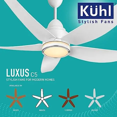 KUHL Luxus C5 Stylish BLDC Fan|Low Power 38W|High Air Flow |5 Aerodynamic ABS Blades|Low Noise |Night & Down Light |IoT Enabled |Operate Via Remote-Mobile-Alexa | Reverse Mode |5-Star Rated |White