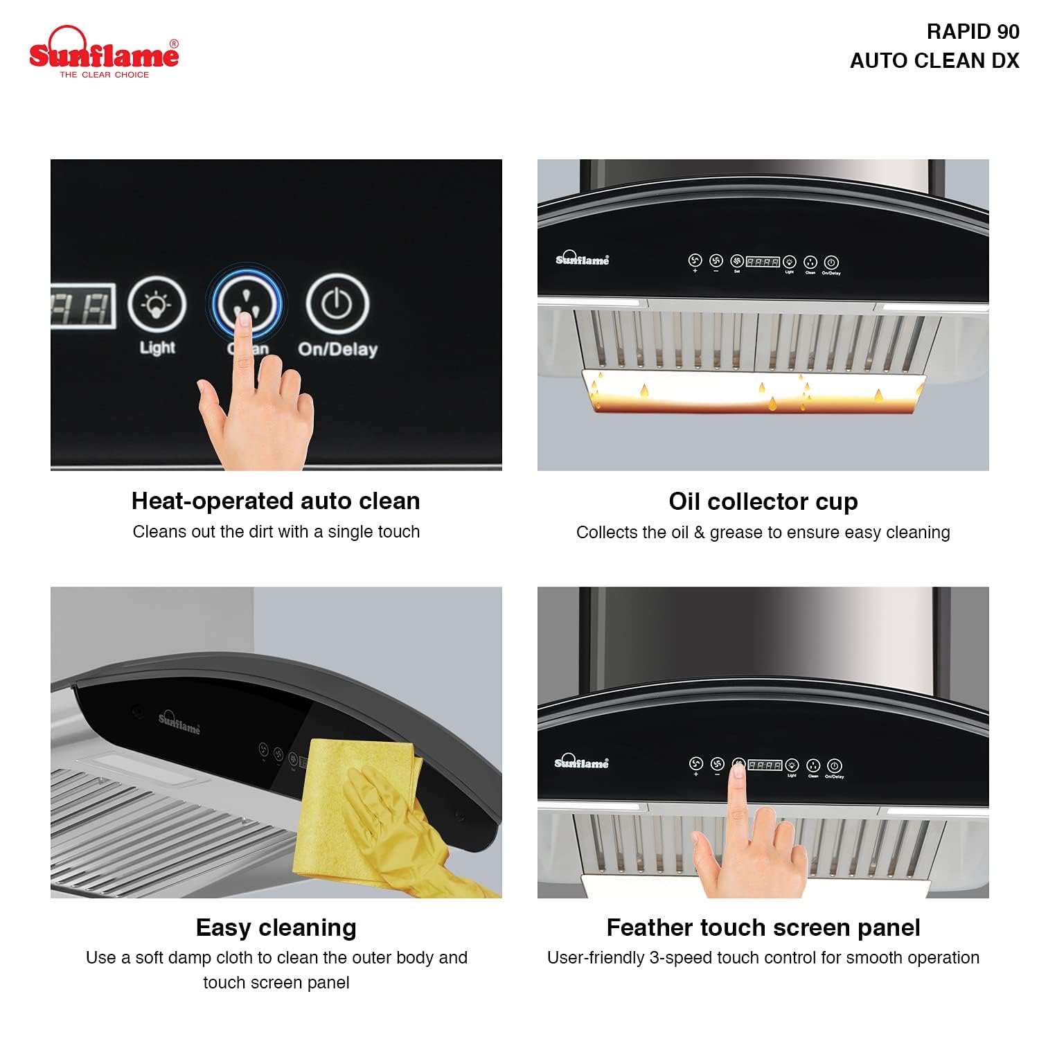 SUNFLAME 90cm 1100 m3/hr Auto Clean Chimney (CH Rapid 90 DX, 2 Baffle, Touch Control, Steel/Grey)