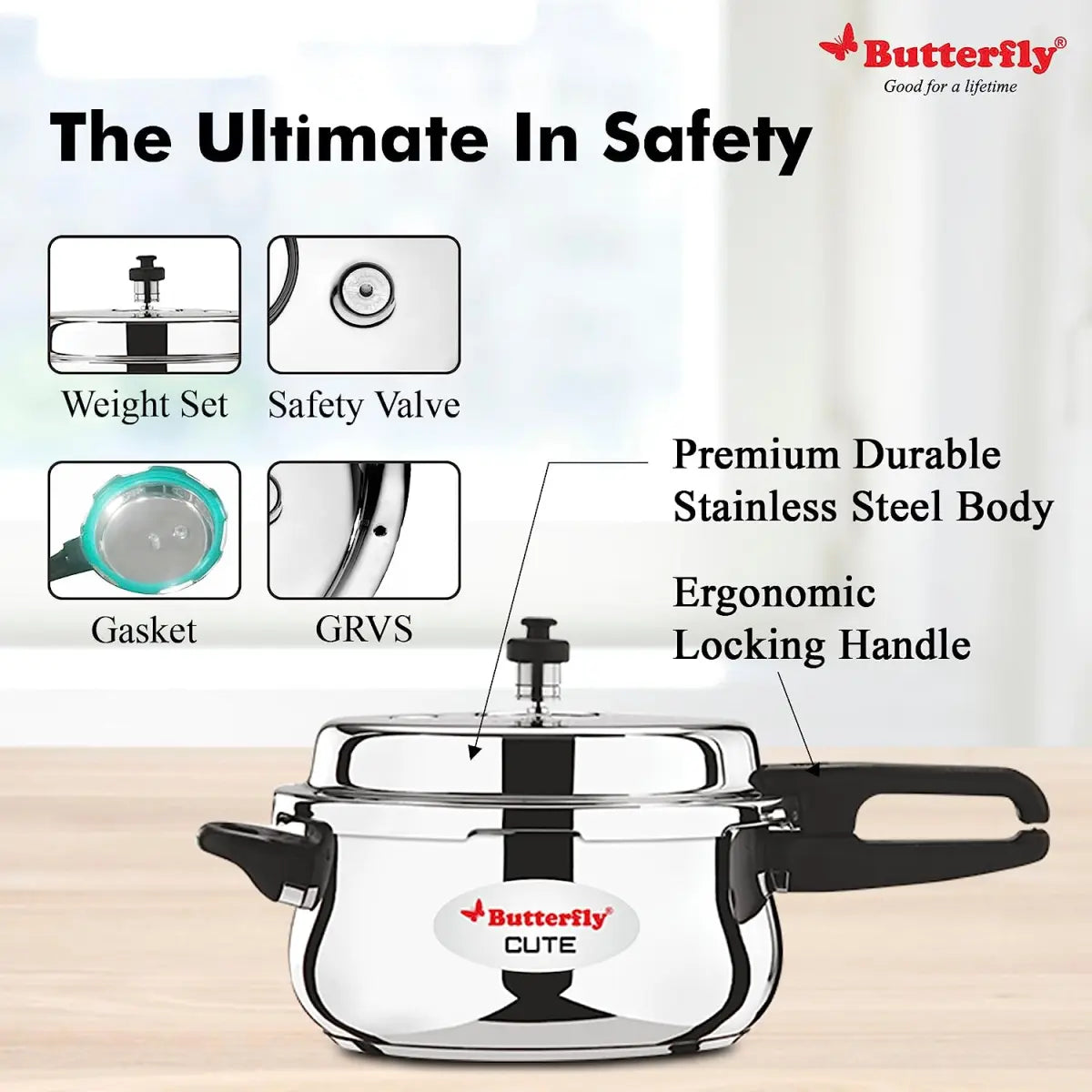 Butterfly Cute SS Induction Compatible Outer Lid Stainless Steel Pressure Cooker with Glass Lid 5.5 Ltr, Silver