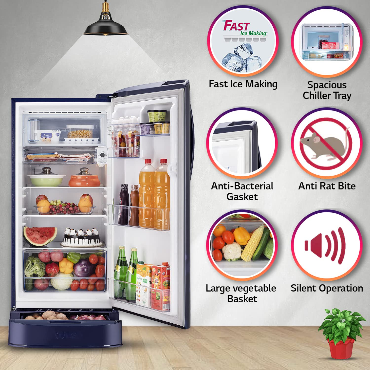 LG 204 L 5 Star Inverter Direct-Cool Single Door Refrigerator (GL-D211HBEZ, Blue Euphoria, Base stand with drawer & Fast Ice Making)