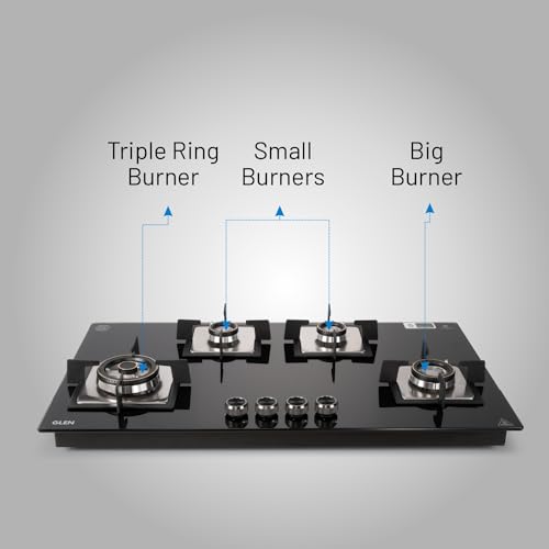 Glen 4 Burner Built In Glass Hob | Auto Ignition | 8 MM Toughened Glass | Black |Forged brass burners with double-ring flames | Warranty 2 Years Standard & 5 Years Glass |1094 XL SQ HT DB TR