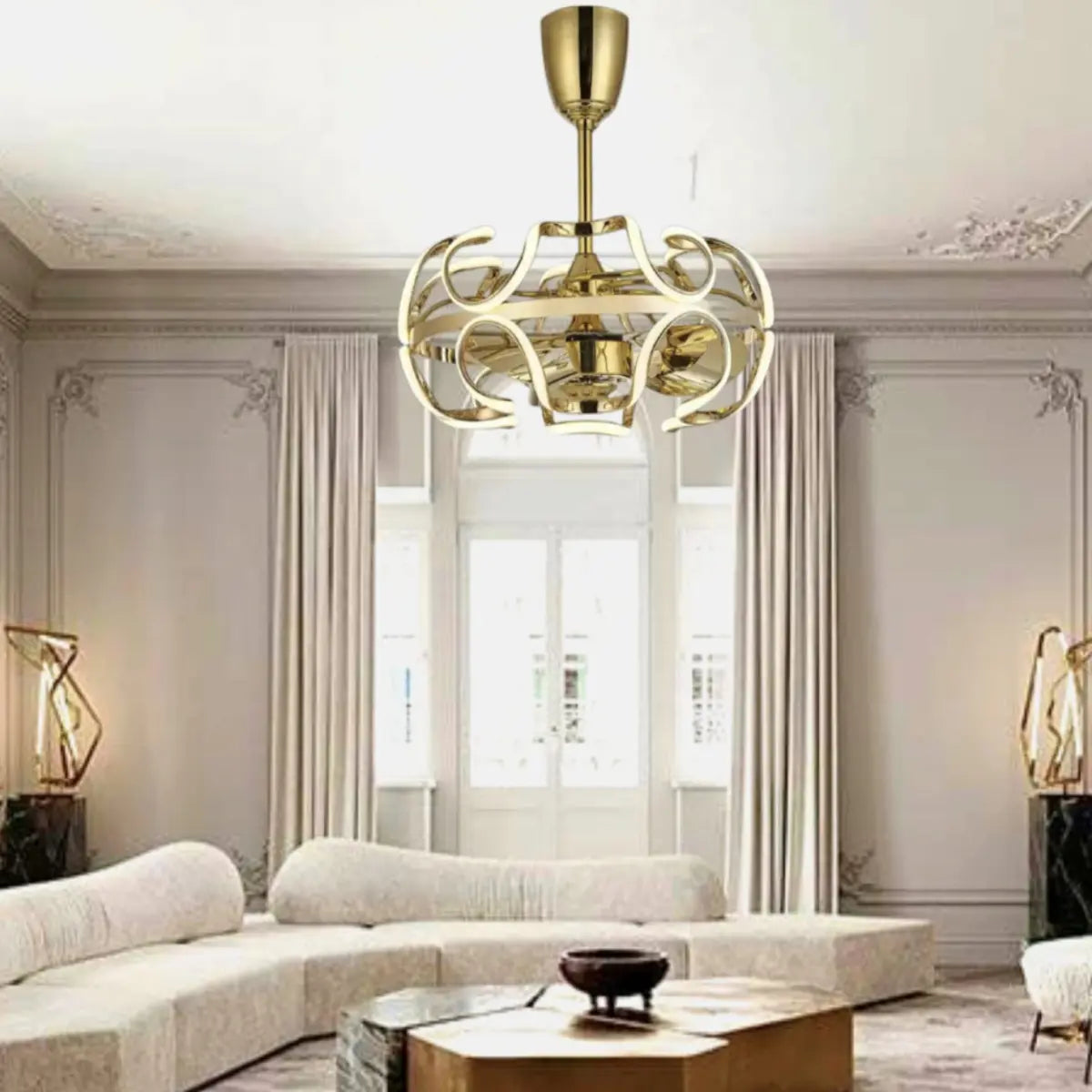 oltao Skyler Gold Curved LED Chandelier உடன் கூடிய 26 Inch Fan BLDC மோட்டார், கோடை குளிர்கால பயன்முறைக்கான ரிவர்ஸ் ஏர் ஃப்ளோ, ரிமோட்