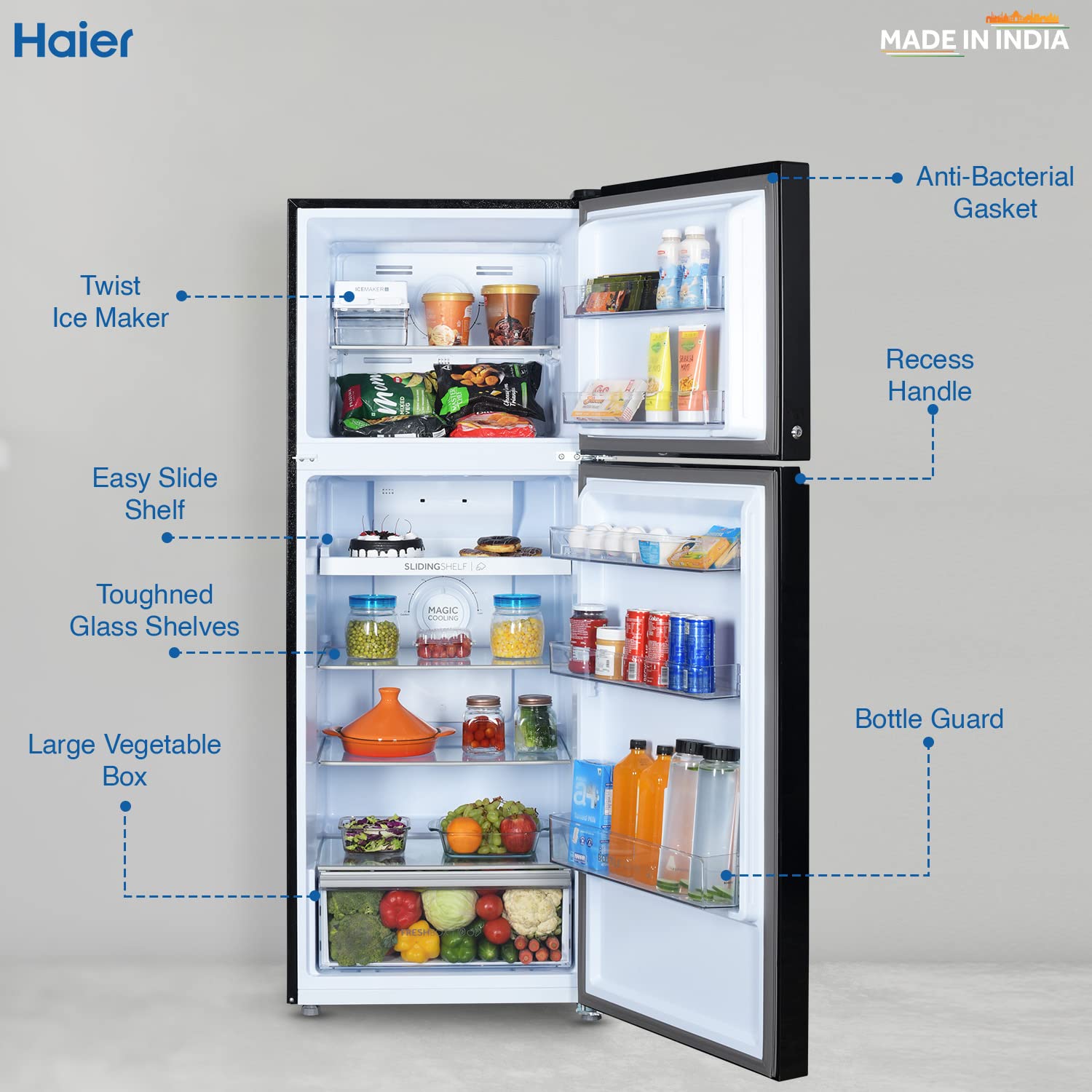 Haier 328L 3 Star Frost Free Inverter Double Door Top Mount Refrigerator (HEF-333BG-P, Inox Steel, Convertible)