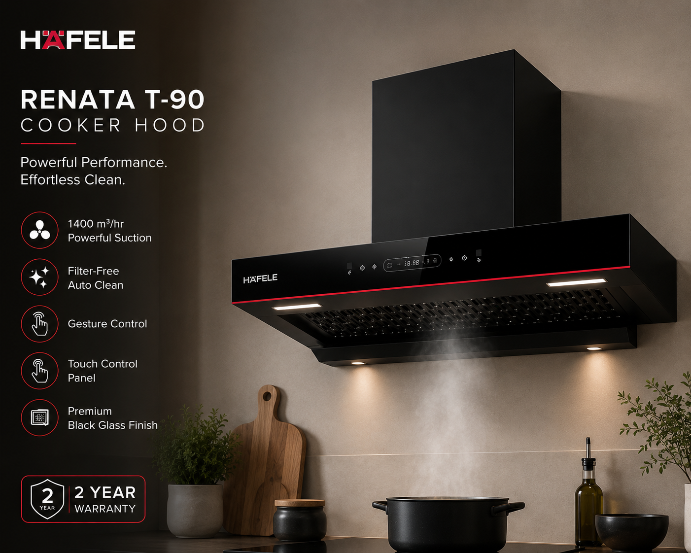 Hafele Renata T-90 Filter-Free Auto Clean Cookerhood | 90cm | Black Glass