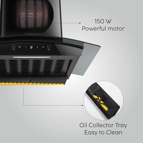 6058 Digital Display Curved Glass Filterless Auto Clean Wall Mounted Chimney 60CM (Black 1200 CMH)