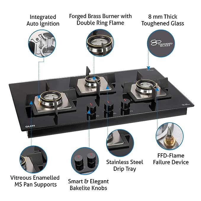 Glen 3 Burner Built-in Glass Hob 1073 SQ INBB FFD (Flame Failure Device)
